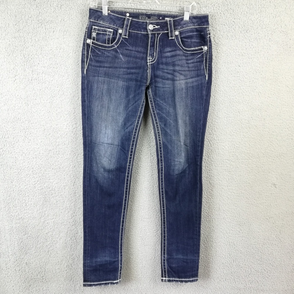 Miss Me Womens Jeans Skinny Mid Rise Blue Denim Whiskering Stone Wash 29